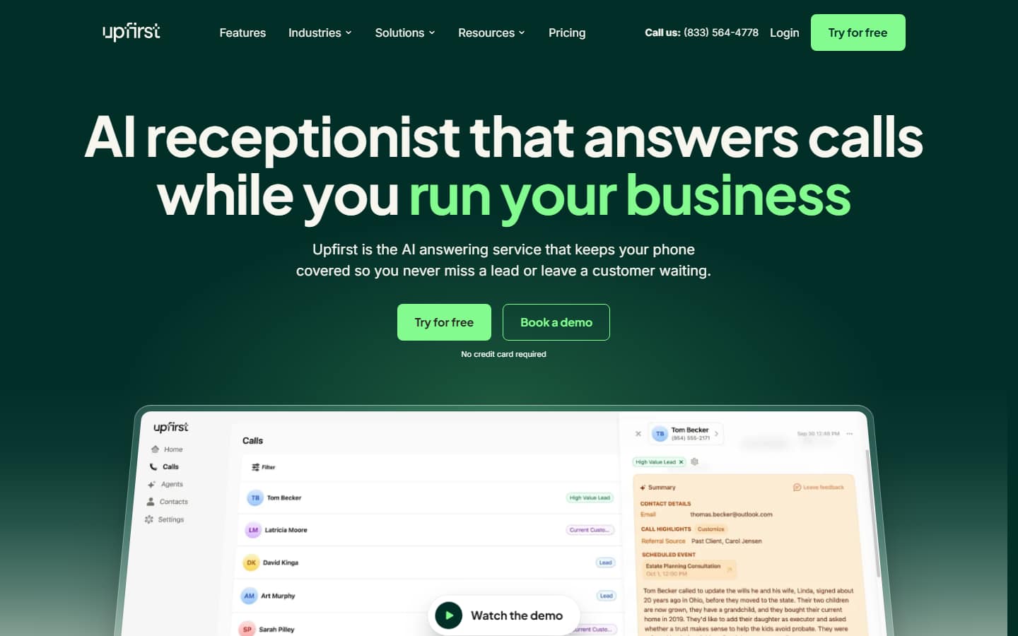 Upfirst's homepage on 5 October 2026, describing itself as the AI answering service that keeps your phone covered, above a call log with caller summaries.