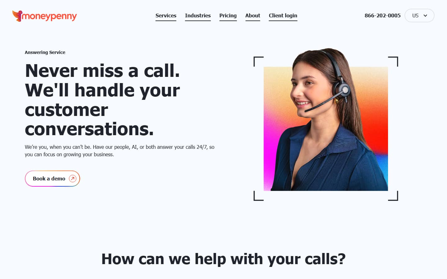 The voicenation.com homepage on 5 October 2026, which displayed Moneypenny branding and offered calls answered by people, AI or both, 24/7.