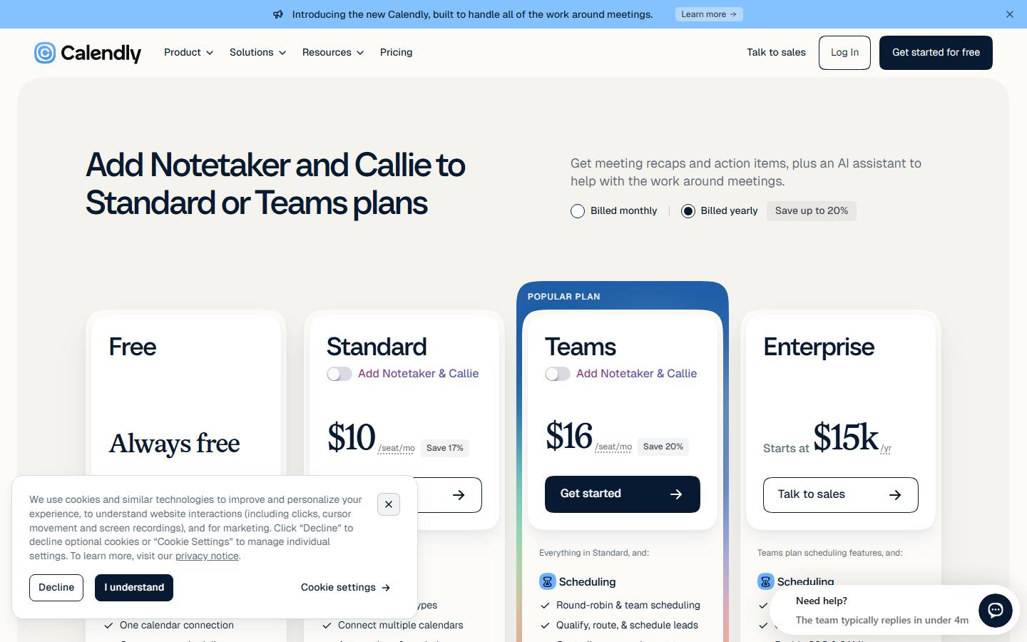 Calendly's pricing page with the billing switch set to billed yearly beside a save up to 20% badge, and four plan cards: Free marked always free, Standard at $10 a seat a month, Teams at $16 a seat a month flagged as the popular plan, and Enterprise starting at $15k a year. Standard and Teams each carry a toggle to add Notetaker and Callie.