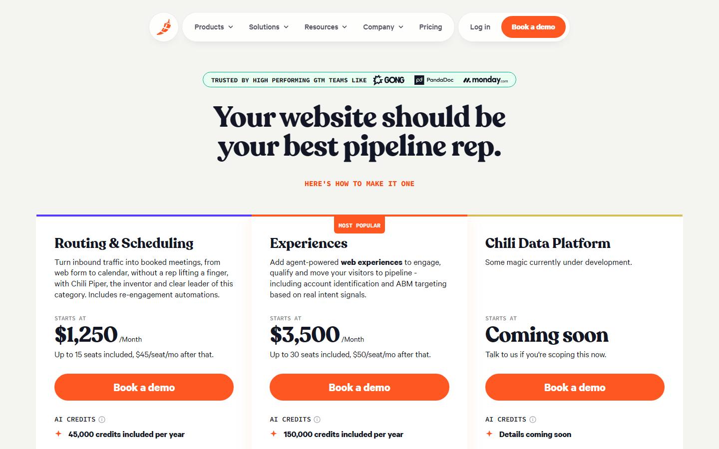 Chili Piper's pricing page under the headline your website should be your best pipeline rep, showing three cards: one reading starts at $1,250 a month for Routing and Scheduling with up to 15 seats and 45,000 AI credits a year, one reading starts at $3,500 a month for Experiences with up to 30 seats and 150,000 credits, and a Chili Data Platform card marked coming soon. The only button on each card says book a demo.