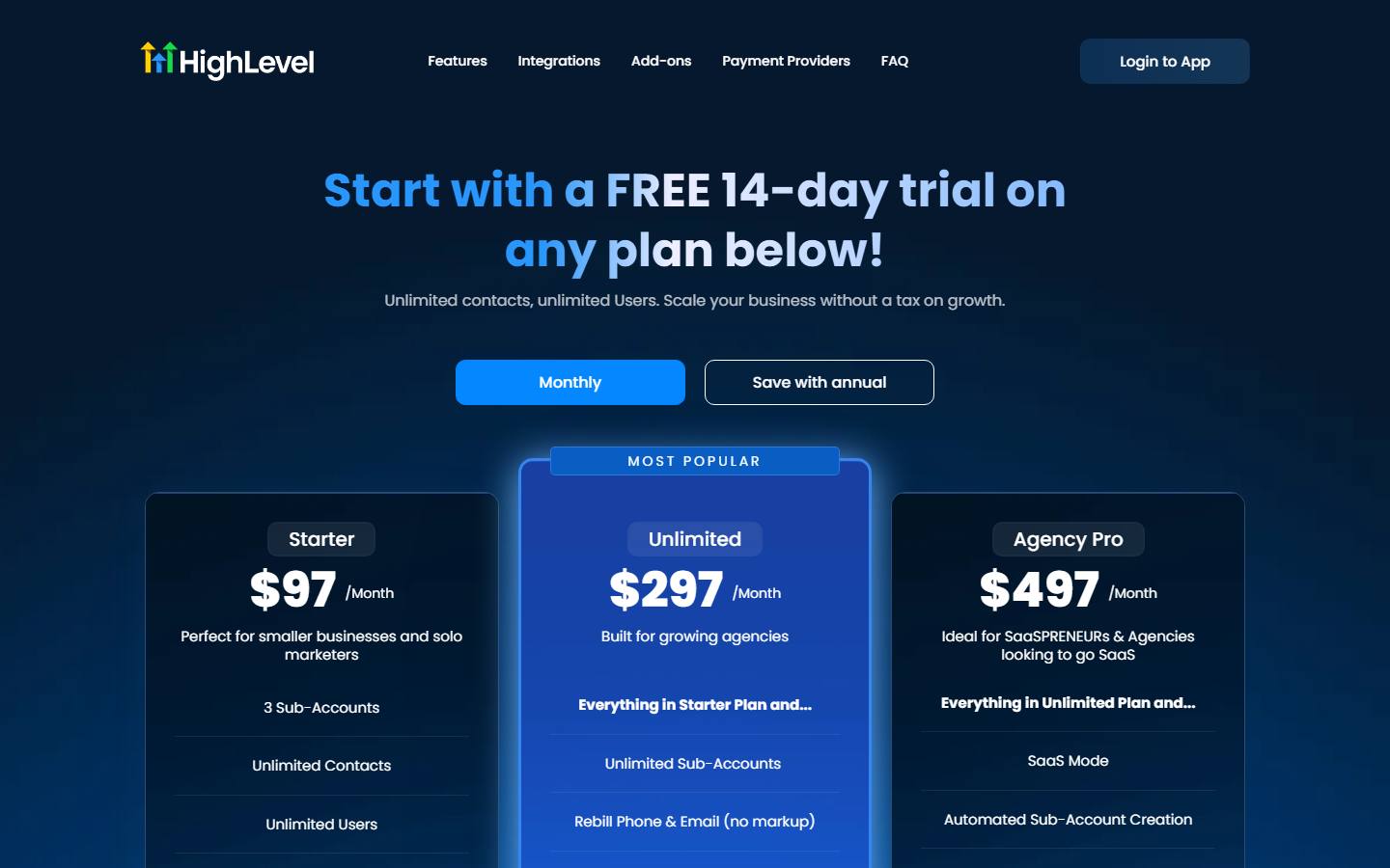GoHighLevel's pricing page with the billing toggle set to Monthly and three cards side by side: Starter at $97 a month listing 3 sub-accounts, unlimited contacts and unlimited users, Unlimited at $297 a month flagged most popular, and Agency Pro at $497 a month.