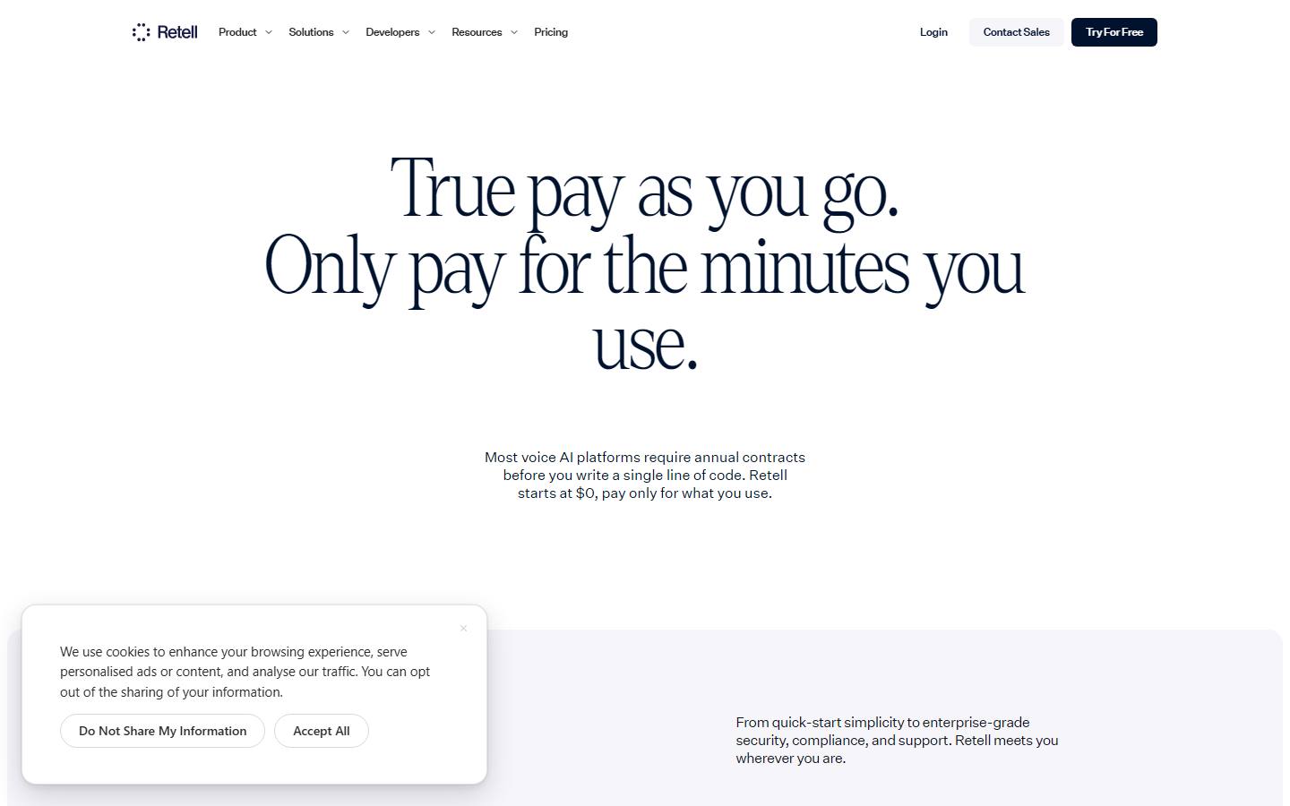Retell AI's pricing page opens on the line True pay as you go, only pay for the minutes you use, above a short paragraph about rival platforms demanding annual contracts, with a Try For Free button in the top right and a cookie consent panel in the corner.