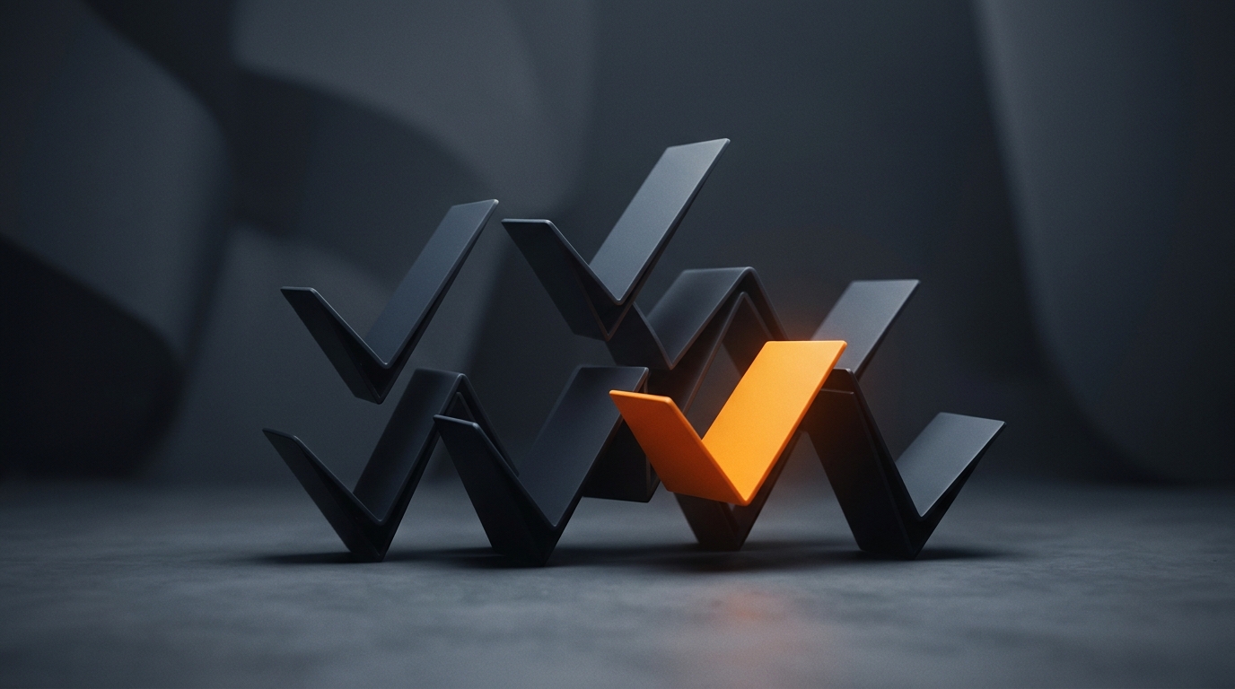A cluster of dark three-dimensional check marks with a single orange one lit up among them.