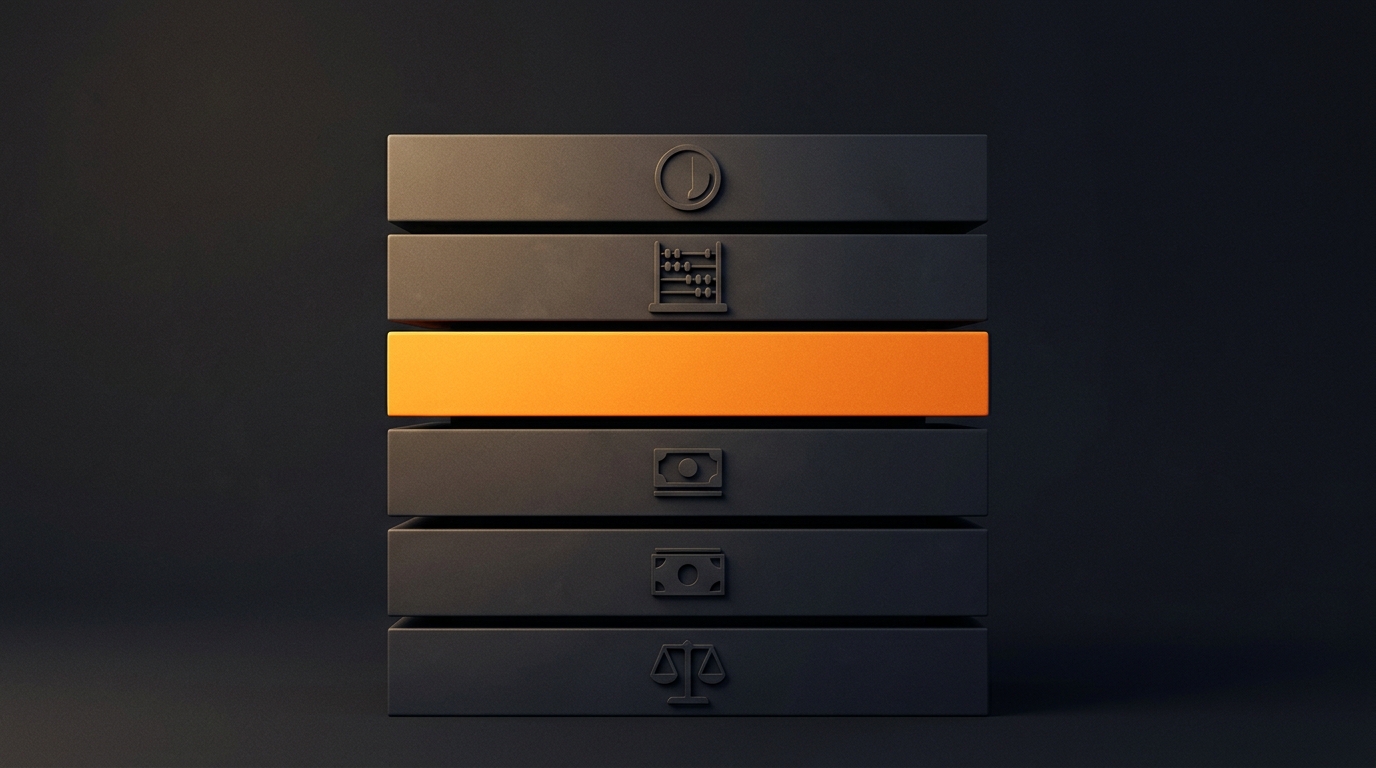 A stack of six dark horizontal bars embossed with small icons for time, counting, money and weighing, with the third bar lit solid orange and carrying no icon at all.