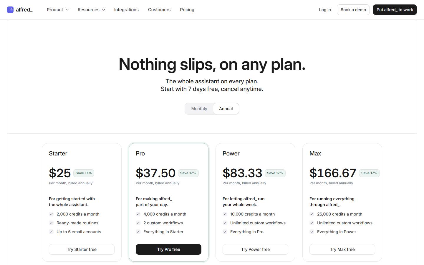 alfred_'s pricing page on 10 October 2026 in its annual view, with Starter at $25, Pro at $37.50, Power at $83.33 and Max at $166.67 a month.