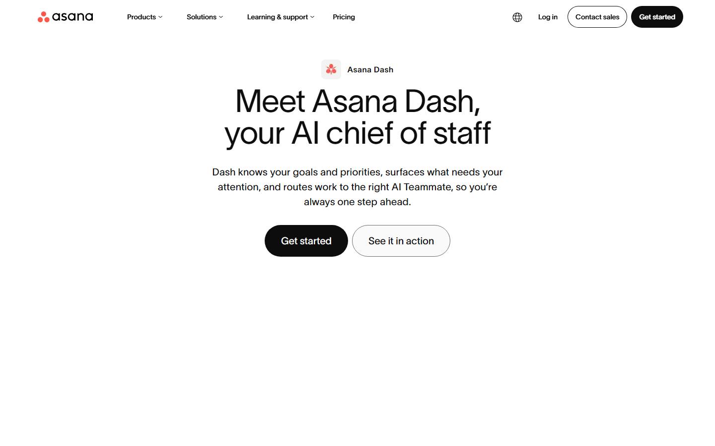 Asana's product page on 10 October 2026, headlined Meet Asana Dash, your AI chief of staff.