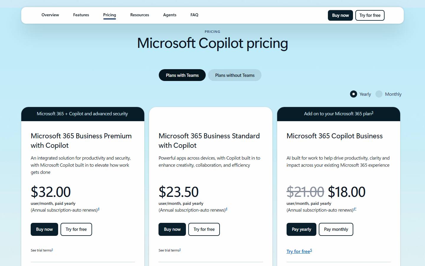 Microsoft's Copilot for business pricing page on 10 October 2026 in its yearly view, showing Business Premium with Copilot at $32.00, Business Standard with Copilot at $23.50 and the Copilot Business add-on at $18.00 beside a struck $21.00.