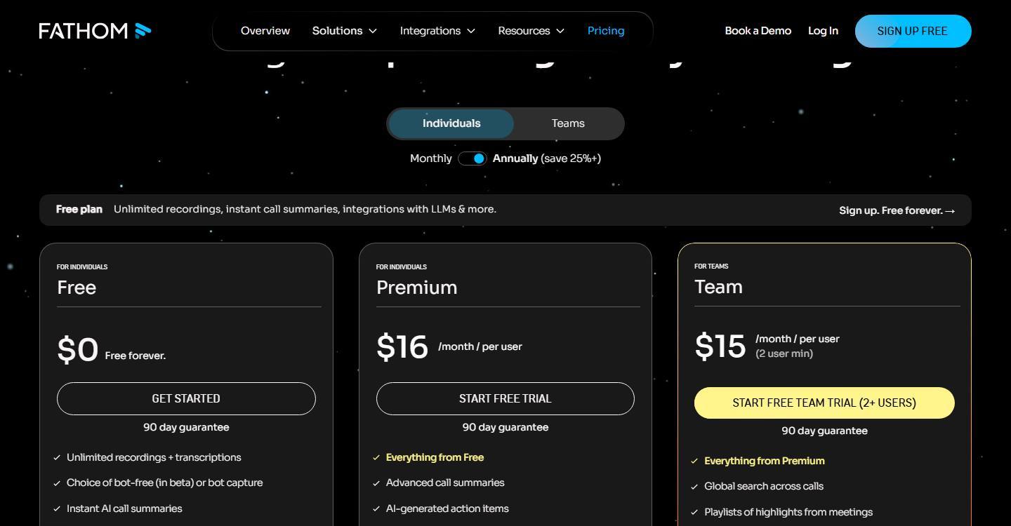 Fathom's pricing page on 10 October 2026, Individuals tab on annual billing, showing Free at $0, Premium at $16 and Team at $15 with a two-user minimum.