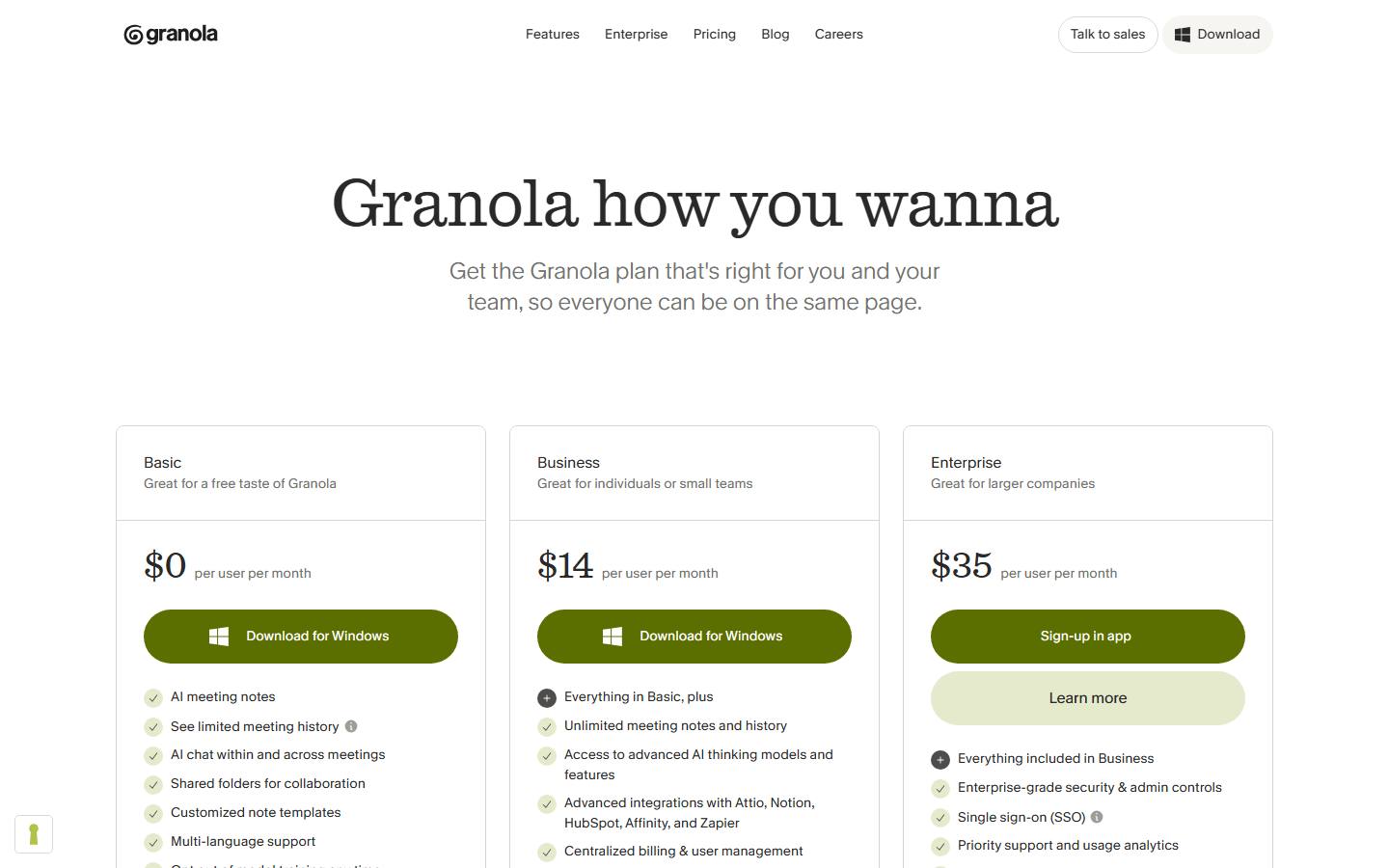 Granola's pricing page on 10 October 2026, listing Basic at $0, Business at $14 and Enterprise at $35 per user per month.