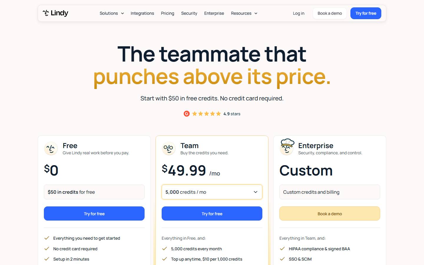 Lindy's pricing page on 10 October 2026 in one of the two versions it served that day, with Free at $0 and $50 in credits, Team at $49.99 for 5,000 credits, and Enterprise at a custom price.