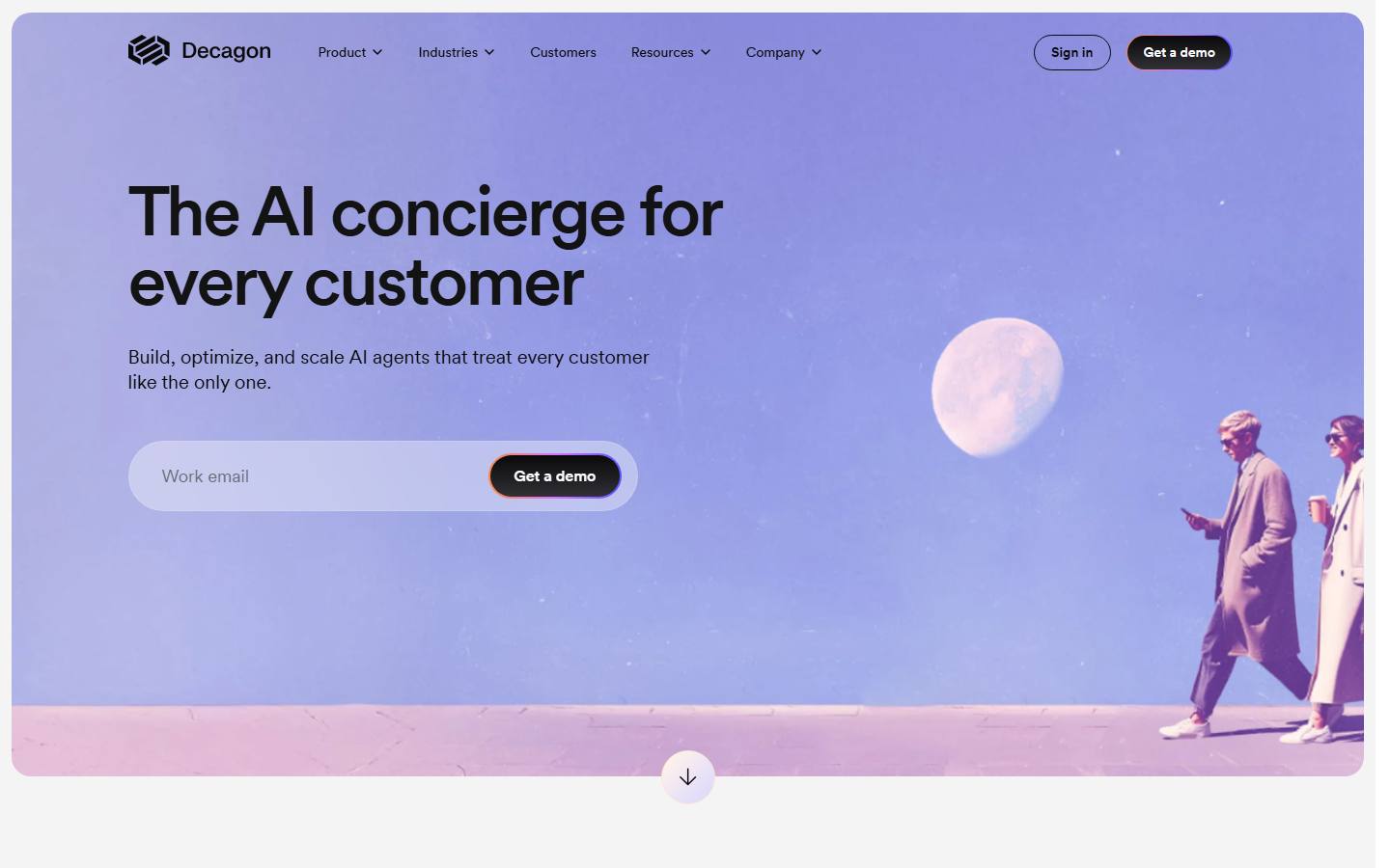 Decagon homepage, captured 22 October 2026, showing the headline The AI concierge for every customer and a Get a demo button.