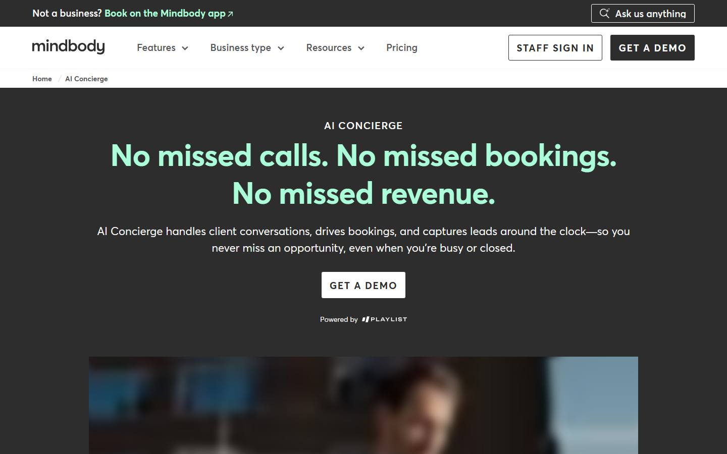 Mindbody AI Concierge page, captured 22 October 2026, showing the AI Concierge hero with a Get a Demo button and a Powered by Playlist line, and no price on the page.