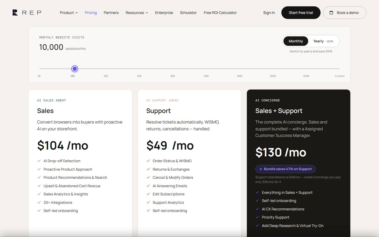 Rep AI pricing page, captured 22 October 2026, showing 10,000 website sessions a month on monthly billing, with the AI Sales Agent at $104 a month, the AI Support Agent at $49 a month and the AI Concierge bundle at $130 a month.