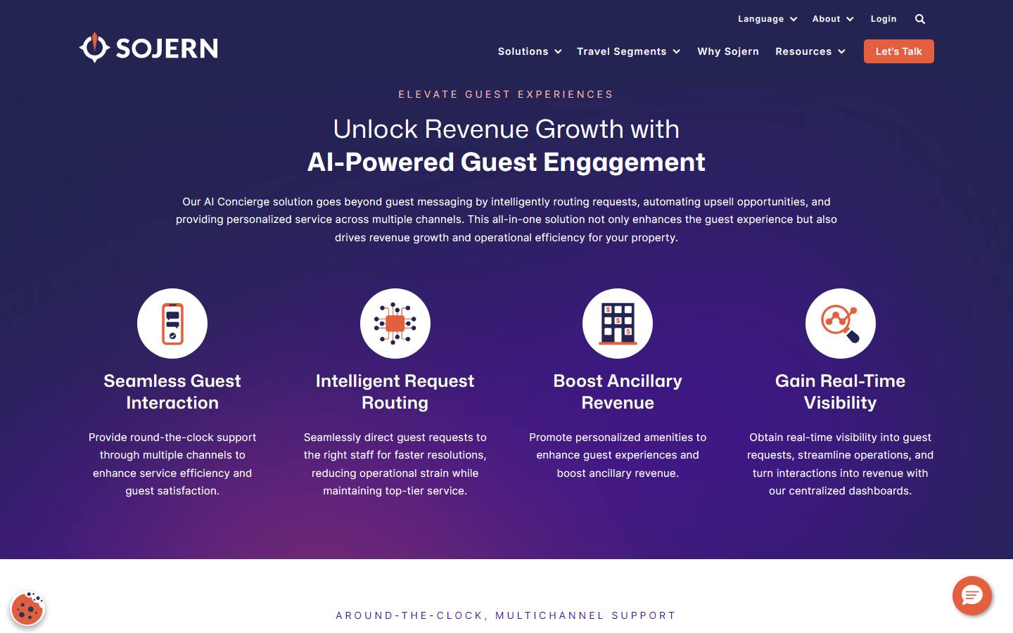 Sojern AI Concierge page, captured 22 October 2026, showing a section on AI-powered guest engagement for hotels with request routing, upsells and dashboards, and no price.