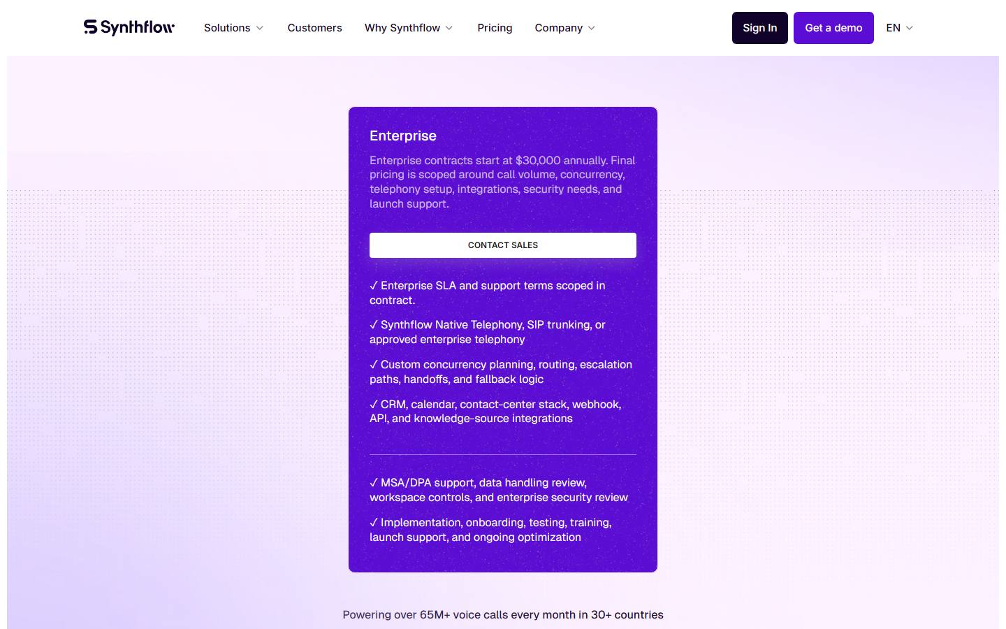 Synthflow pricing page, captured 22 October 2026, showing a single Enterprise plan with contracts starting at $30,000 a year, a Contact Sales button and the list of what the contract covers.