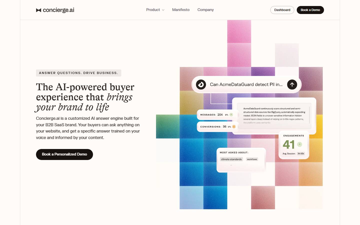 Concierge homepage at tryconcierge.ai, captured 22 October 2026, showing the headline The AI-powered buyer experience that brings your brand to life, a Book a Personalized Demo button and a logo that reads concierge.ai.