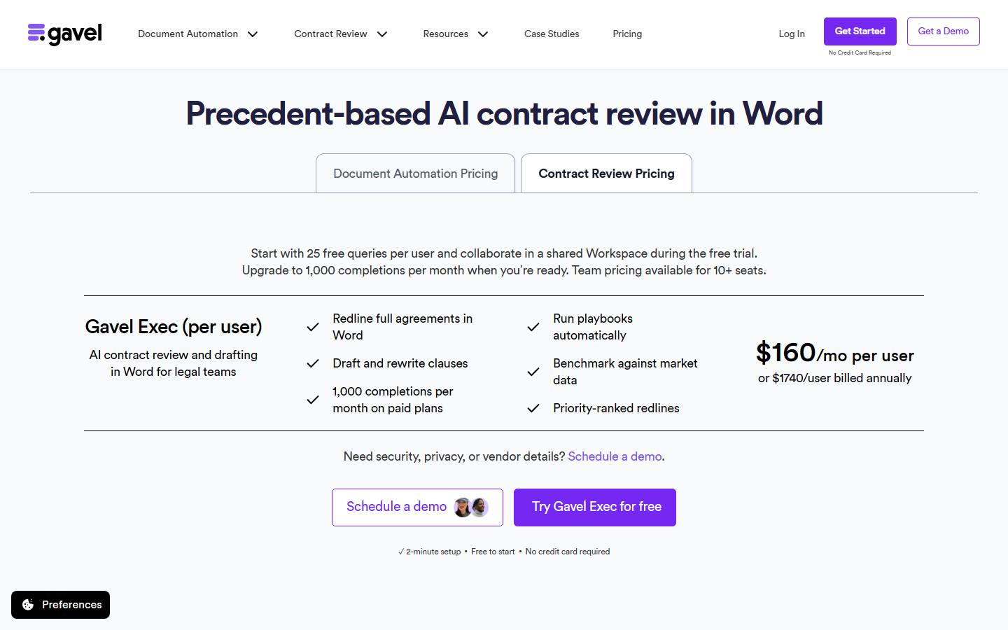 The Gavel Exec pricing card on 9 October 2026, showing $160 a month per user or $1,740 per user billed annually, with 25 free queries to start and playbooks listed.