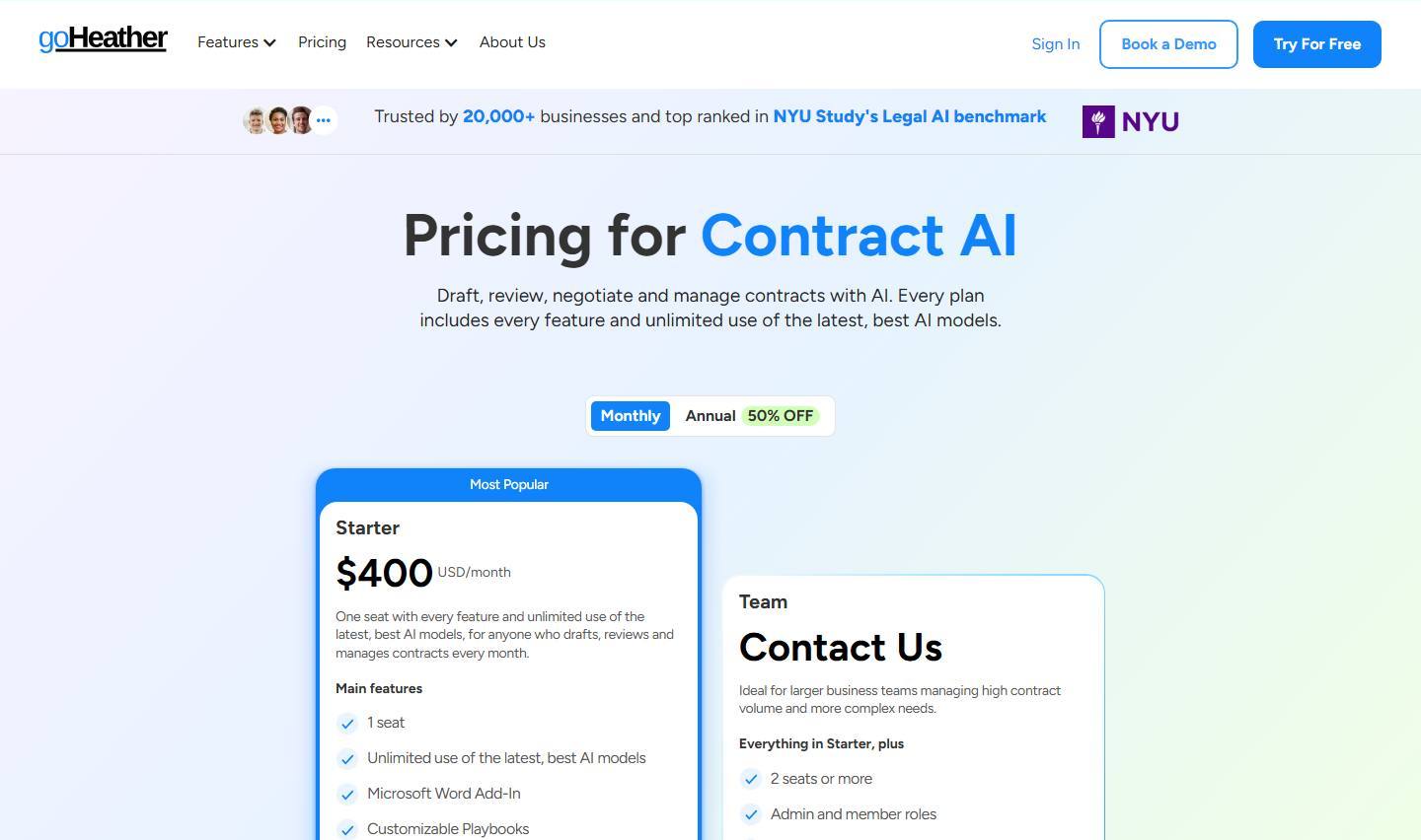 goHeather's pricing page on 9 October 2026 in its default monthly view, showing Starter at $400 USD a month and the Team plan marked Contact Us.
