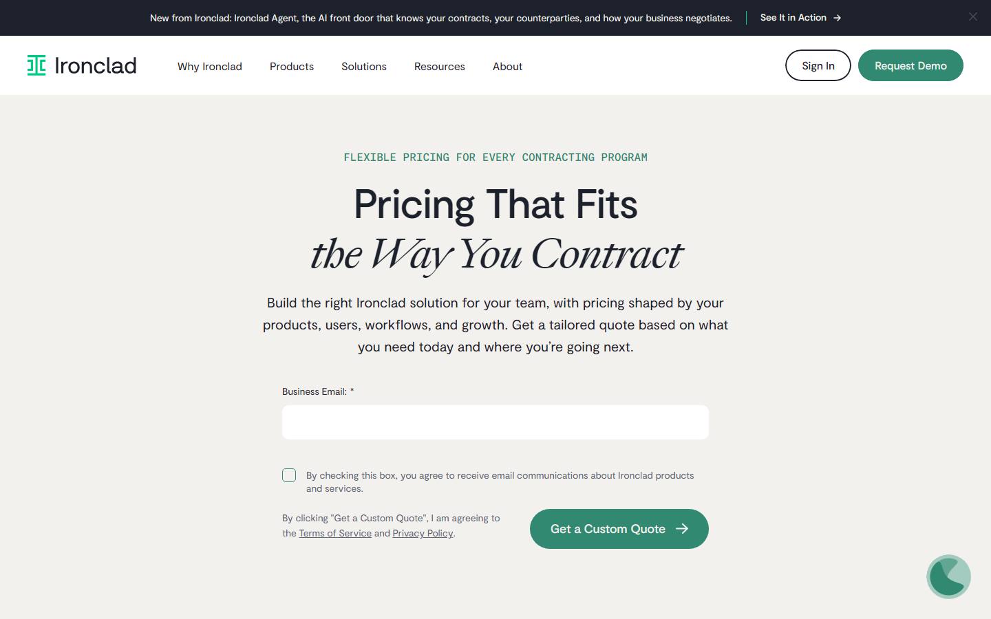 Ironclad's pricing page on 9 October 2026, headlined Pricing That Fits the Way You Contract, with a Get a Custom Quote form and no price.