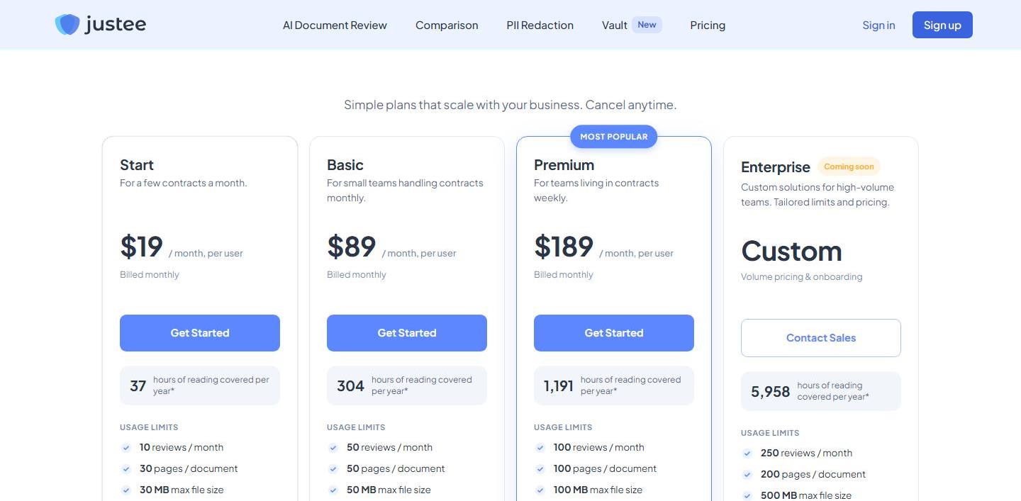 Justee's pricing page on 9 October 2026, showing Start at $19, Basic at $89 and Premium at $189 a month per user, with Enterprise marked as coming soon.