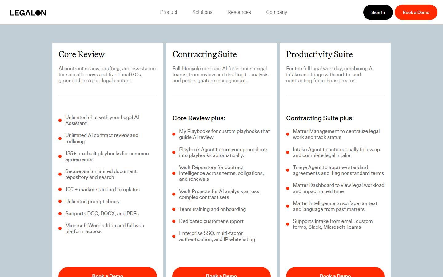 LegalOn's pricing page on 9 October 2026, showing the Core Review, Contracting Suite and Productivity Suite plans, each with a Book a Demo button and no price.