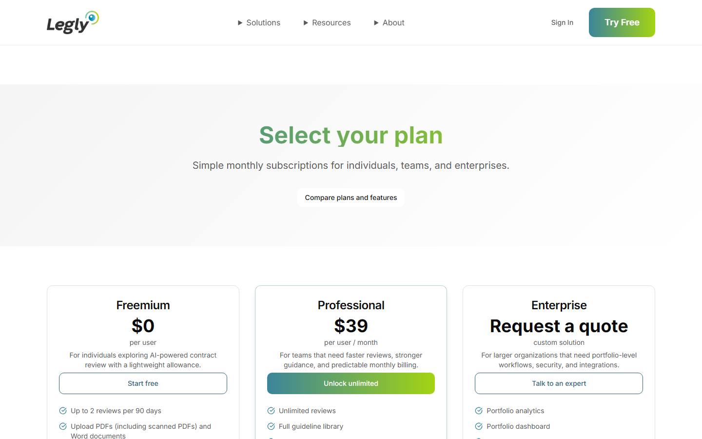 Legly's pricing page on 9 October 2026, showing Freemium at $0, Professional at $39 per user a month and Enterprise by quote.