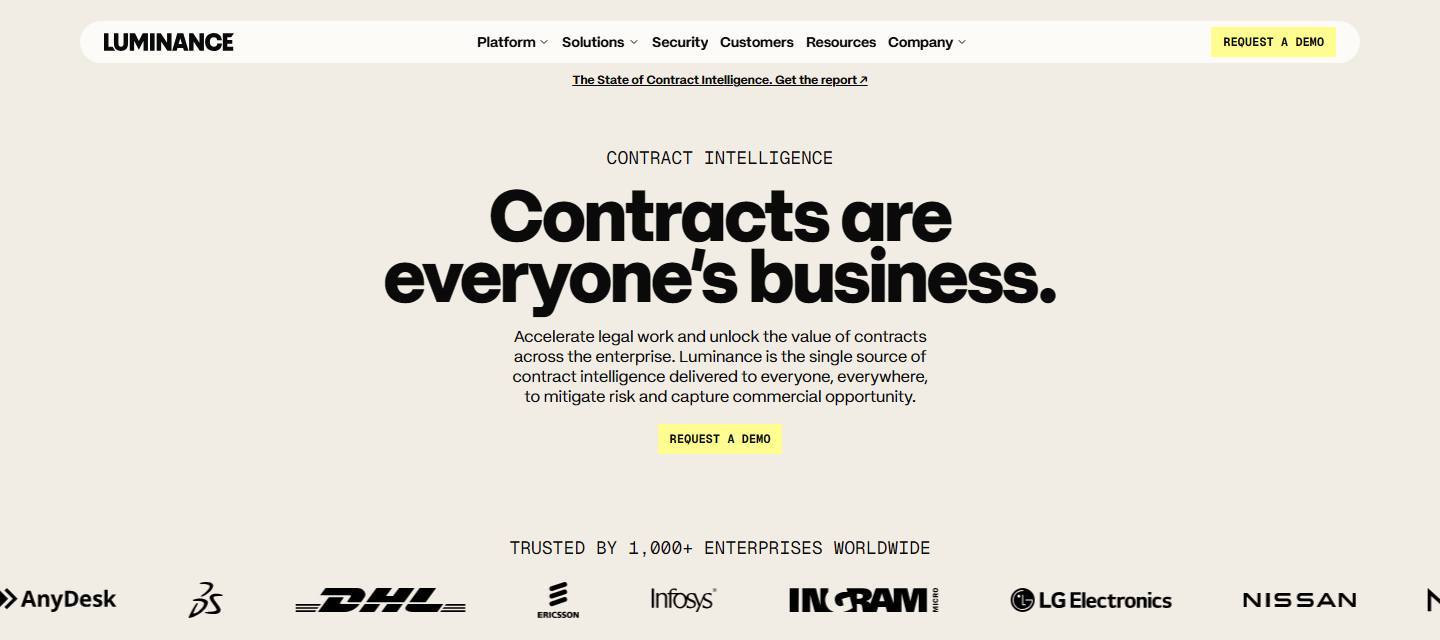 Luminance's homepage on 9 October 2026, headlined Contracts are everyone's business, with a Request a Demo button.