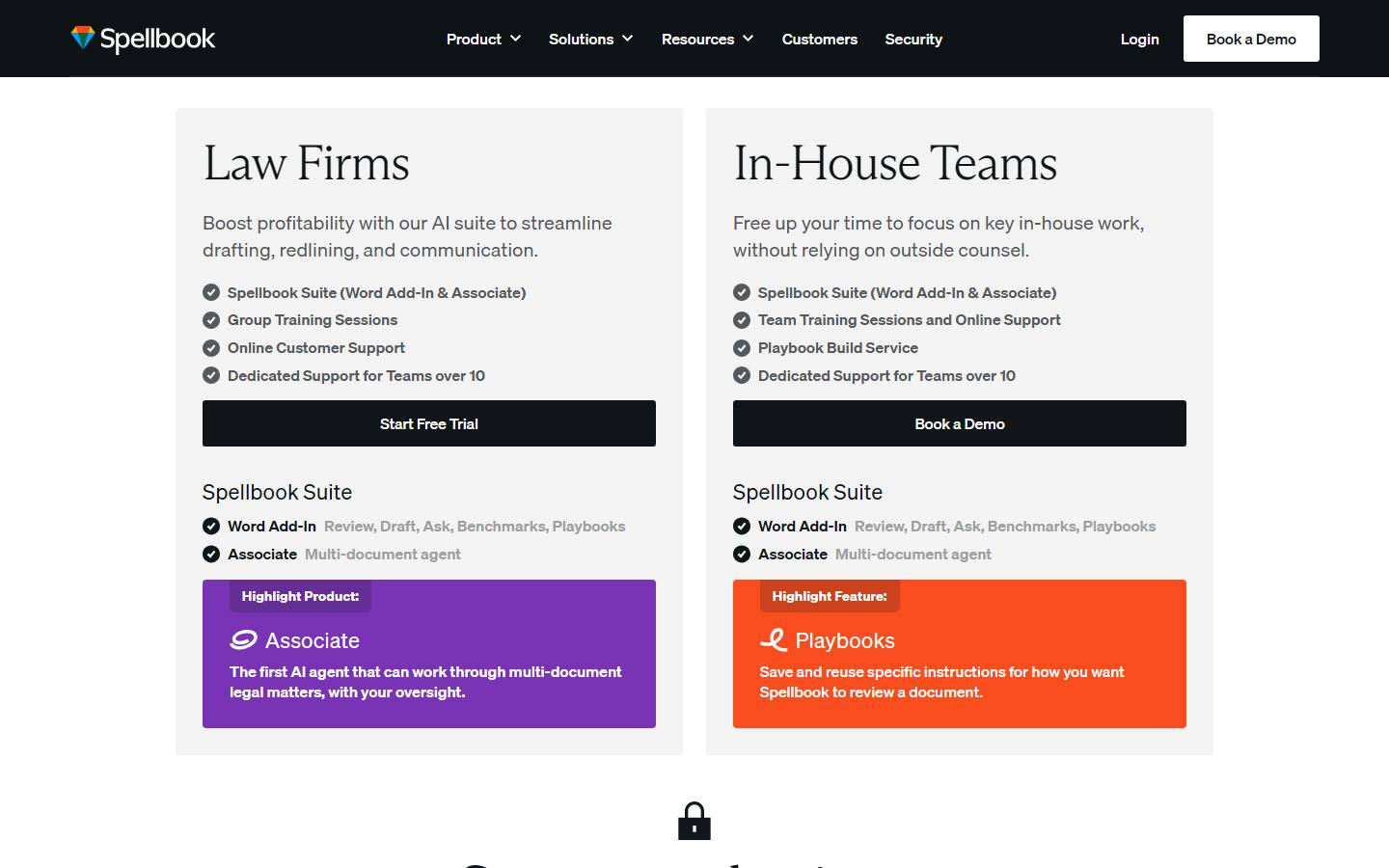 Spellbook's pricing page on 9 October 2026, with a Law Firms card offering a free trial and an In-House Teams card offering a demo, and no price on either.