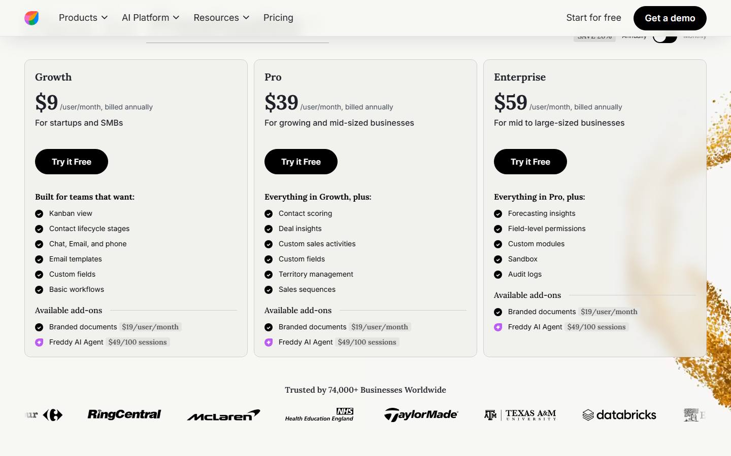 Freshsales pricing page captured on 9 October 2026 for a US visitor on annual billing, showing Growth at $9, Pro at $39 and Enterprise at $59 a seat a month, each listing the Freddy AI Agent add-on at $49 per 100 sessions.