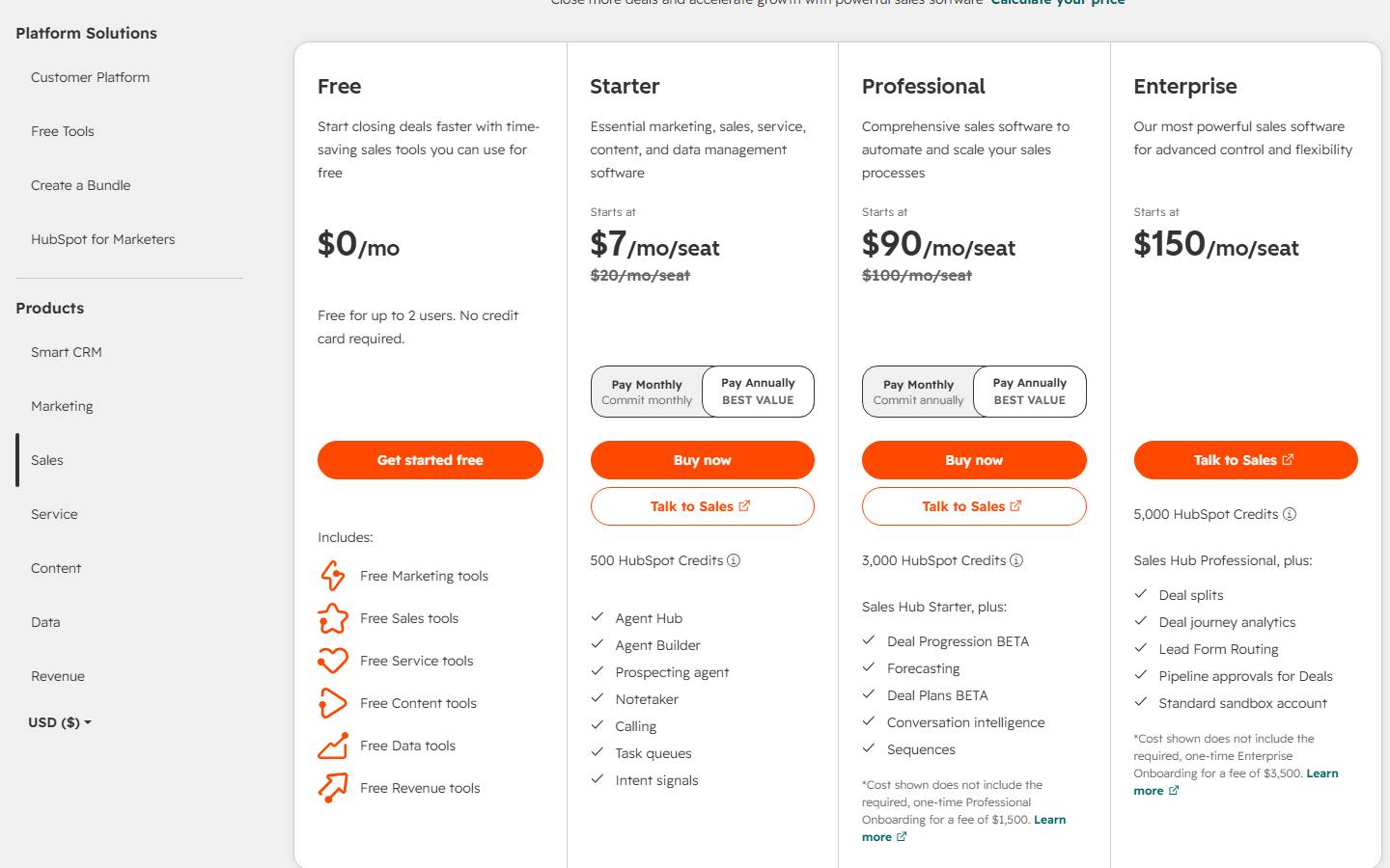 HubSpot's Sales Hub pricing page captured on 9 October 2026 in US dollars on annual billing, showing Free at $0, Starter at $7, Professional at $90 and Enterprise from $150 a seat a month, with 500, 3,000 and 5,000 HubSpot Credits on the paid plans.