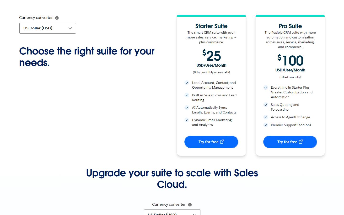 Salesforce's Sales pricing page captured on 9 October 2026 with the currency set to US dollars, showing the Starter Suite at $25 and the Pro Suite at $100 a seat a month.