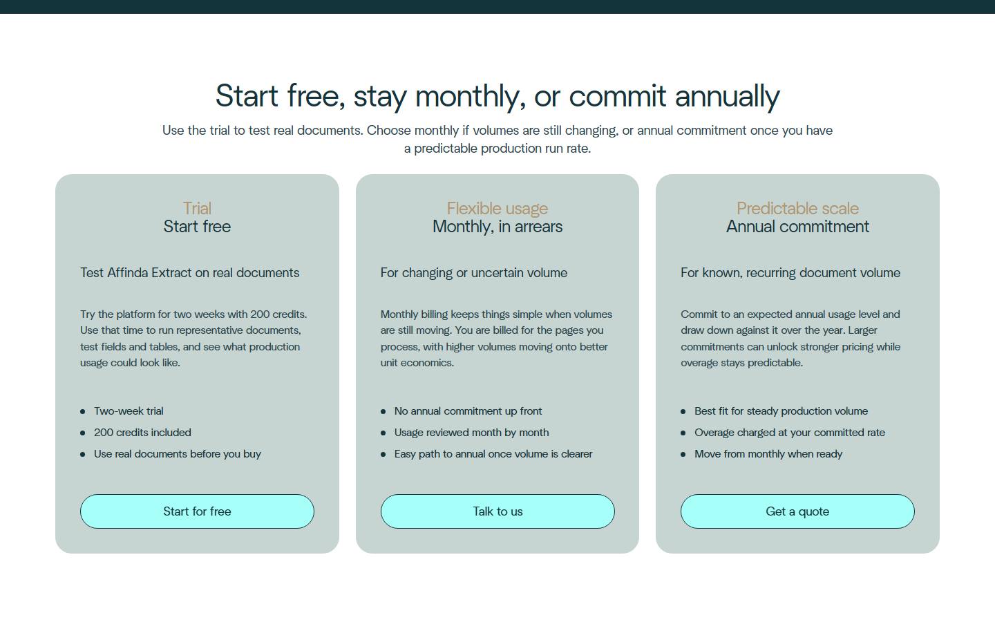 Affinda Extract's pricing page on 10 October 2026, offering a two-week trial with 200 credits, monthly billing in arrears and an annual commitment, with no prices printed.