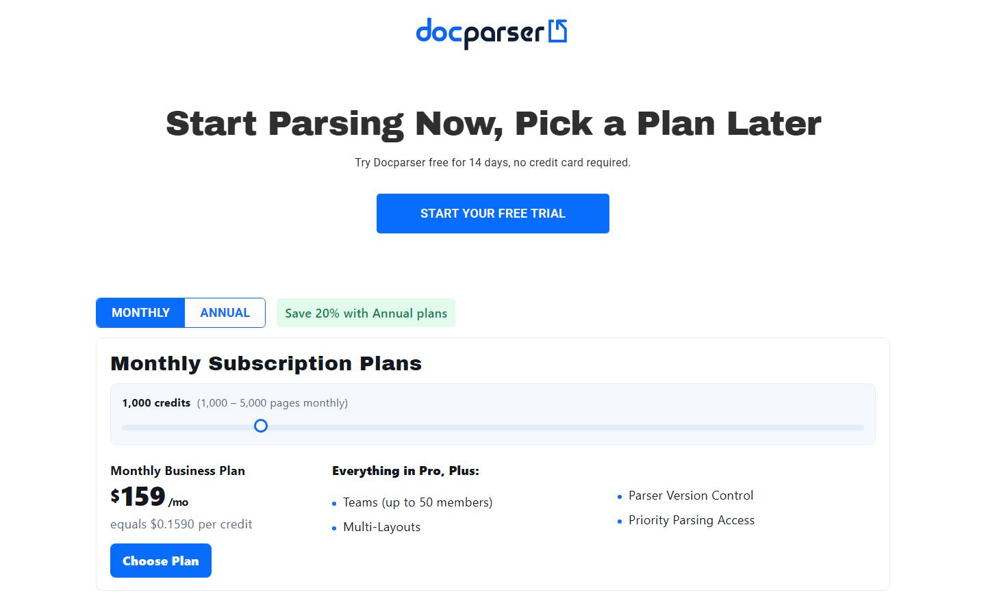 Docparser's pricing page on 10 October 2026 in its default monthly view, with the slider at 1,000 credits showing the Business plan at $159 a month with teams of up to 50 members.