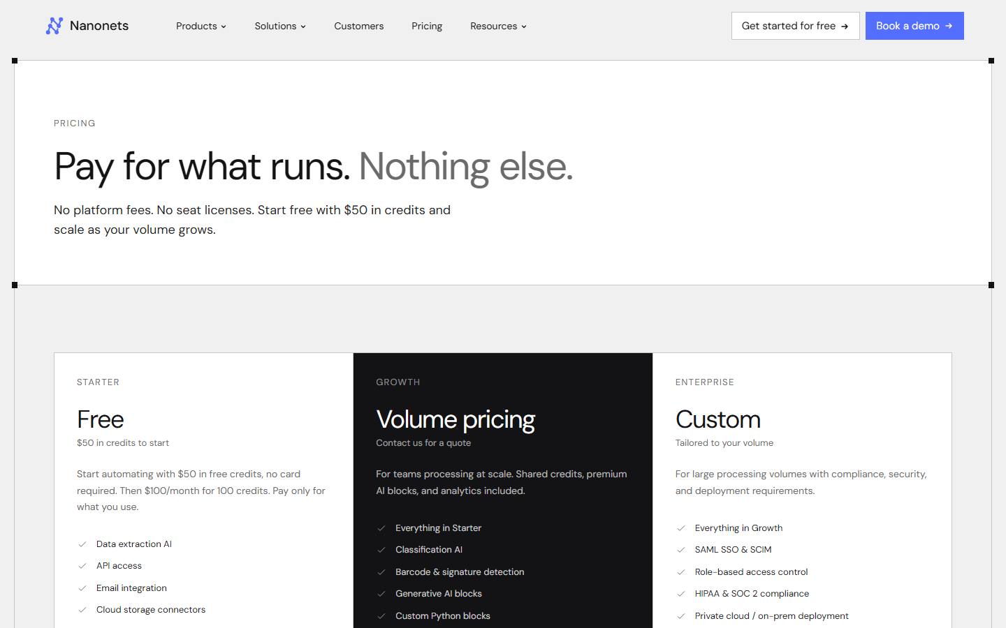 Nanonets' pricing page on 10 October 2026, showing a free Starter plan with $50 in credits and then $100 a month for 100 credits, beside Growth and Enterprise plans priced by quote.