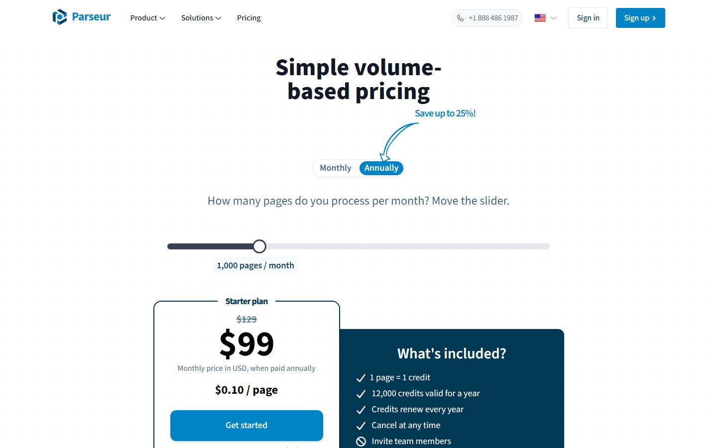 Parseur's pricing page on 10 October 2026 with annual billing selected and the slider at 1,000 pages a month, showing the Starter plan at $99 a month beside a struck-through $129.