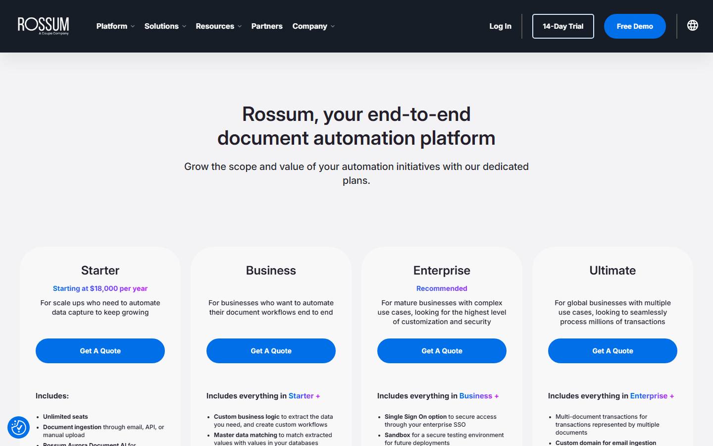 Rossum's pricing page on 10 October 2026, showing the Starter plan as Starting at $18,000 per year and three higher plans marked Get A Quote, under a logo that reads A Coupa Company.