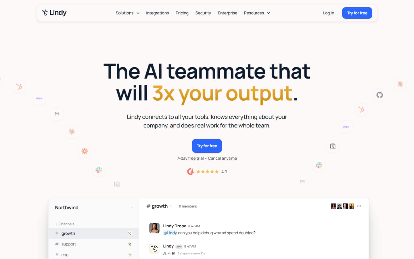The Lindy website on 17 September 2026, showing AI assistants that handle email, meetings and Slack