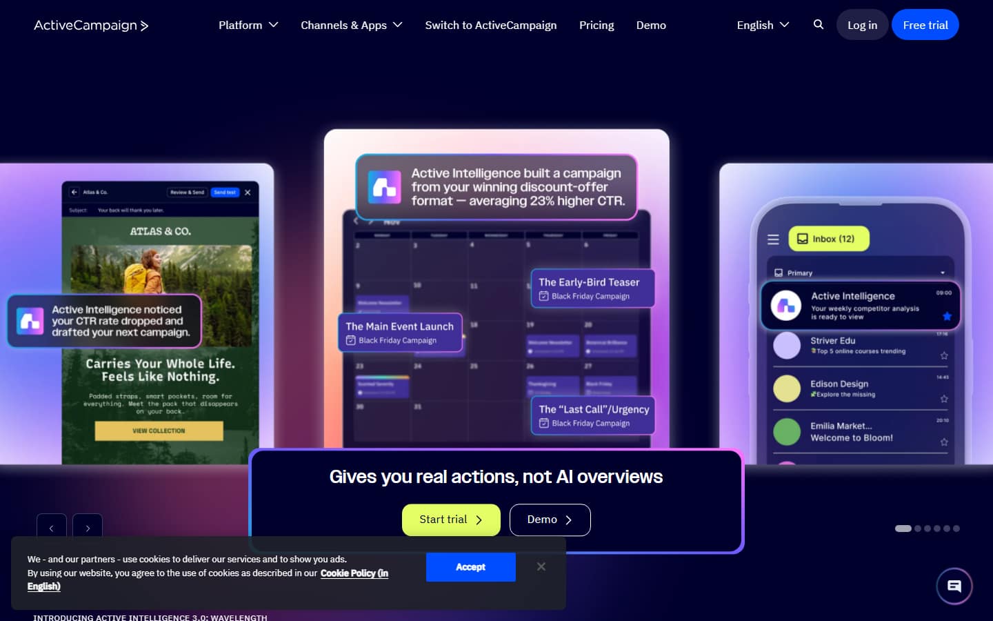 ActiveCampaign's homepage on 6 October 2026, showing product cards next to the line 'Gives you real actions, not AI overviews'.
