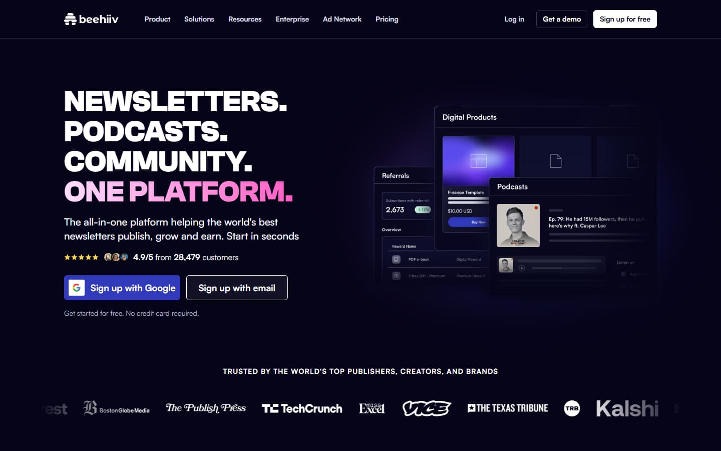 beehiiv's homepage on 6 October 2026, headlined 'Newsletters. Podcasts. Community. One platform.'
