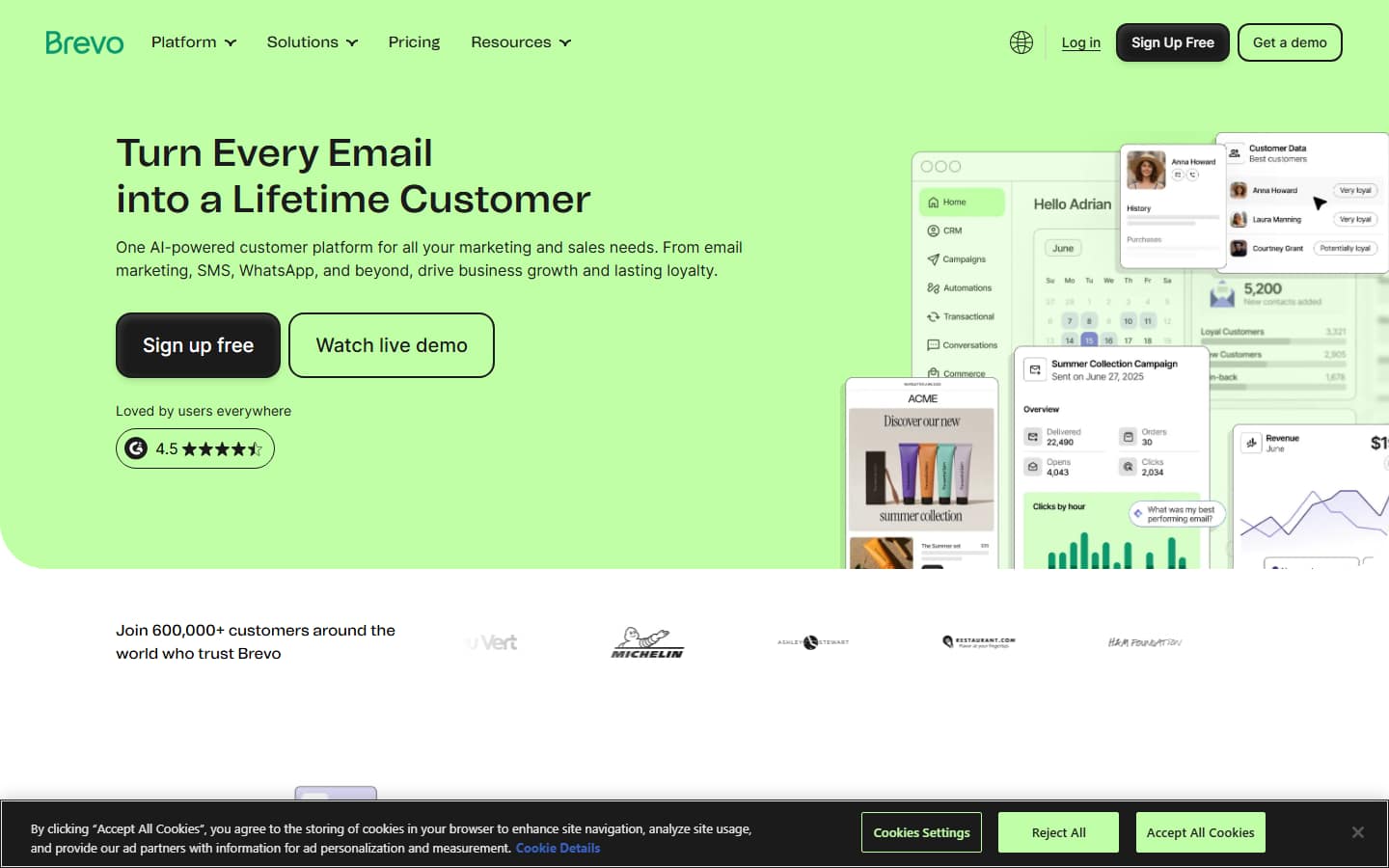 Brevo's homepage on 6 October 2026, headlined 'Turn Every Email into a Lifetime Customer', with its sign-up buttons below the headline.