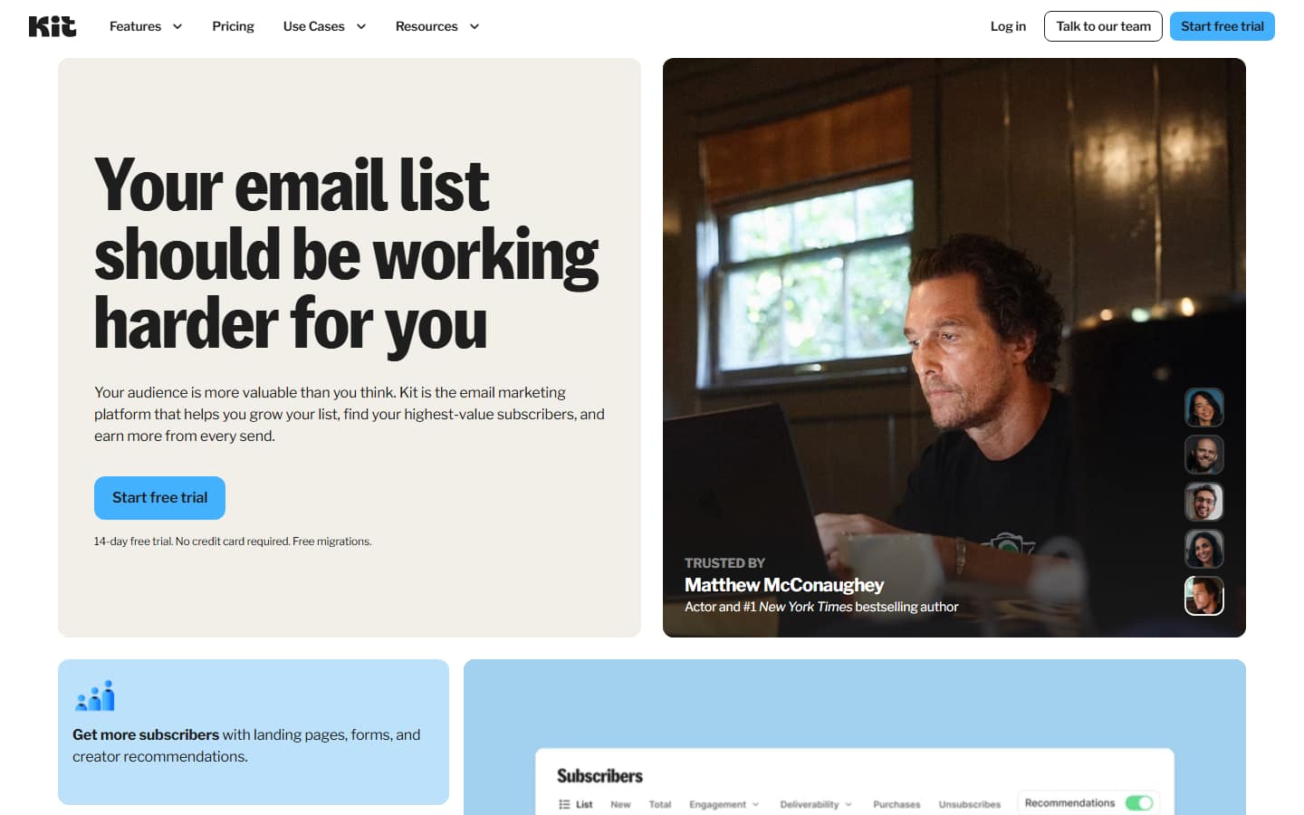 Kit's homepage on 6 October 2026, with the headline 'Your email list should be working harder for you' above its sign-up call to action.