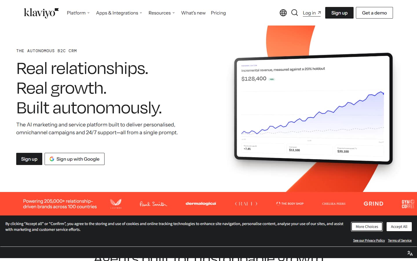Klaviyo's homepage on 6 October 2026, showing the line 'Real relationships. Real growth. Built autonomously.' beneath the label 'The autonomous B2C CRM'.