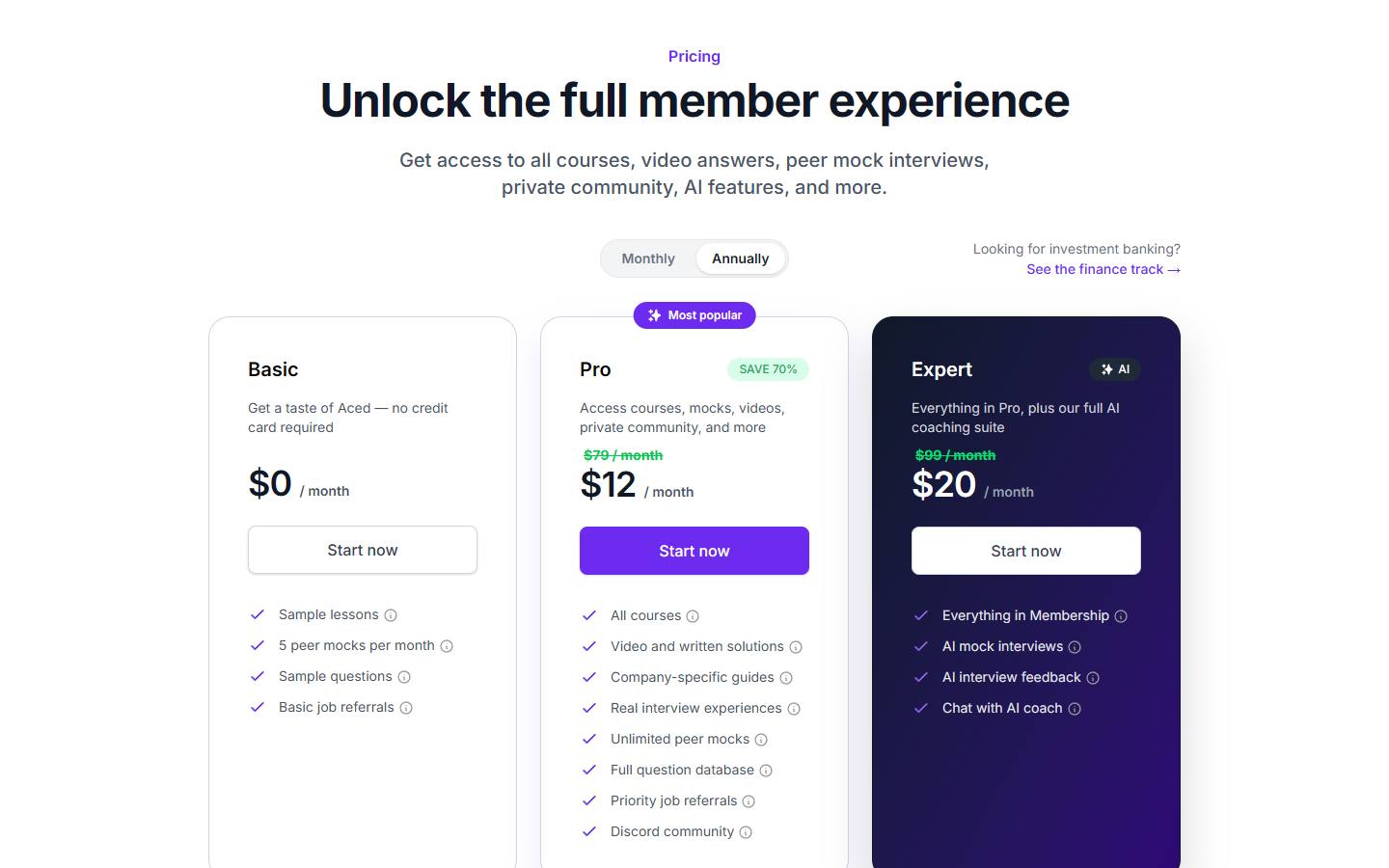 Aced's upgrade page, captured 16 October 2026, on annual billing, showing Basic at $0, Pro at $12 a month and Expert at $20 a month, with the monthly prices struck through above them.