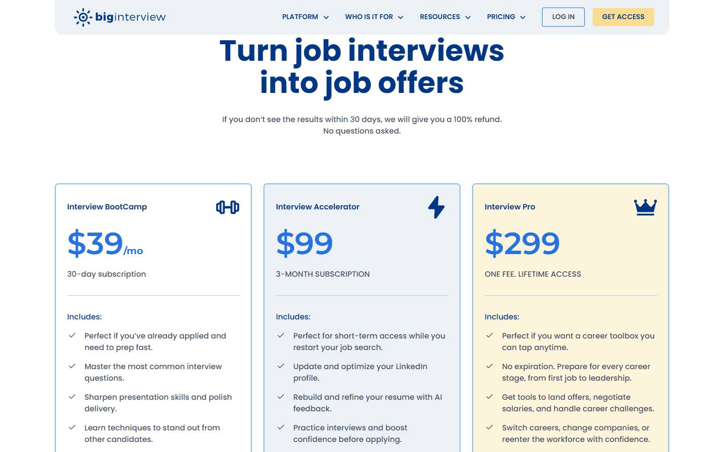 Big Interview's personal pricing page, captured 16 October 2026, showing Interview BootCamp at $39 for 30 days, Interview Accelerator at $99 for three months and Interview Pro at $299 for lifetime access.