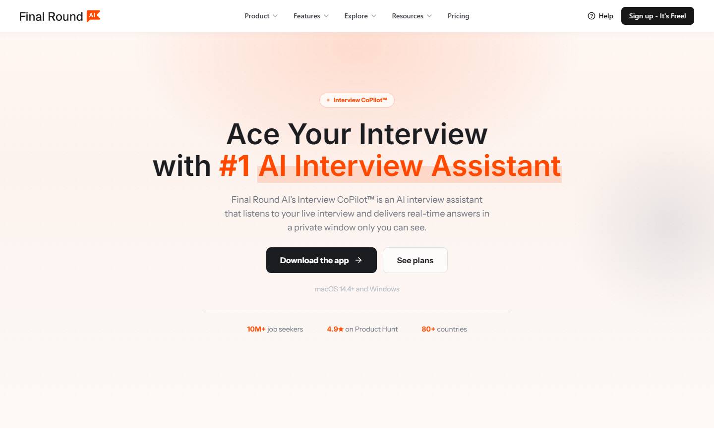 Final Round AI's homepage, captured 16 October 2026, advertising real-time answers shown in a private window during a live interview.