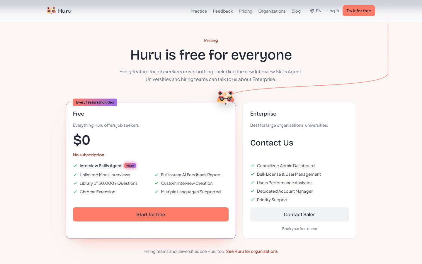 Huru's pricing section on its homepage, captured 16 October 2026, showing a free plan for job seekers and a paid Enterprise plan for organisations.