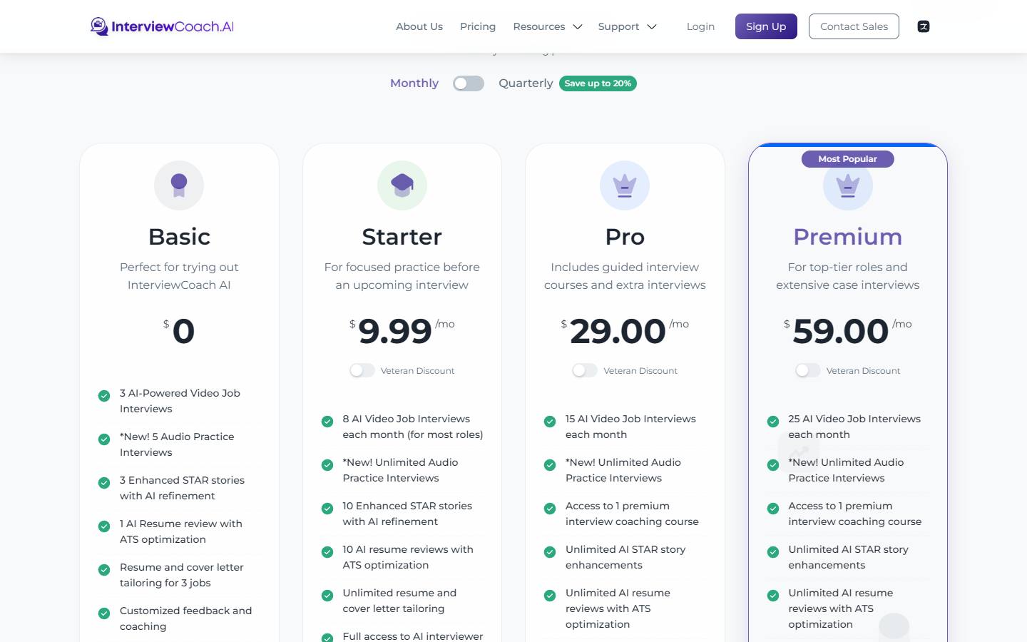 InterviewCoach.AI's pricing page, captured 16 October 2026, on monthly billing, showing Basic at $0, Starter at $9.99, Pro at $29 and Premium at $59 a month, with the number of video interviews on each plan.
