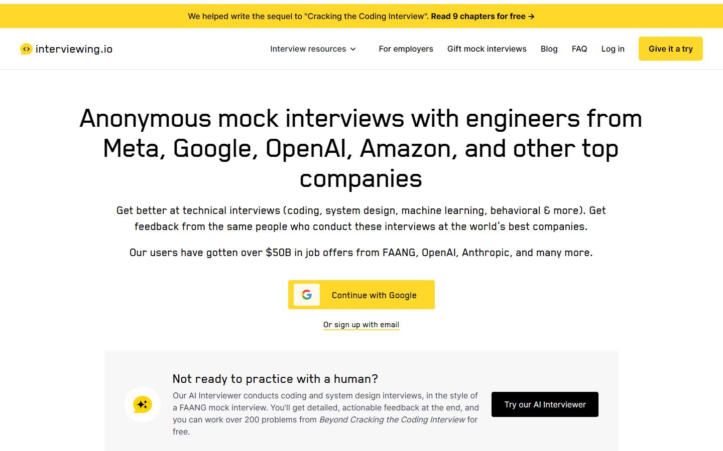 interviewing.io's homepage, captured 16 October 2026, offering anonymous mock interviews with engineers from large tech companies and a box inviting you to try its AI Interviewer.