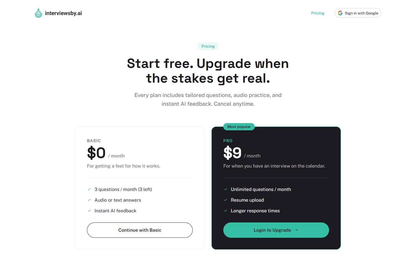 Interviews by AI's pricing page, captured 16 October 2026, showing a free Basic plan with 3 questions a month and a Pro plan at $9 a month with unlimited questions.