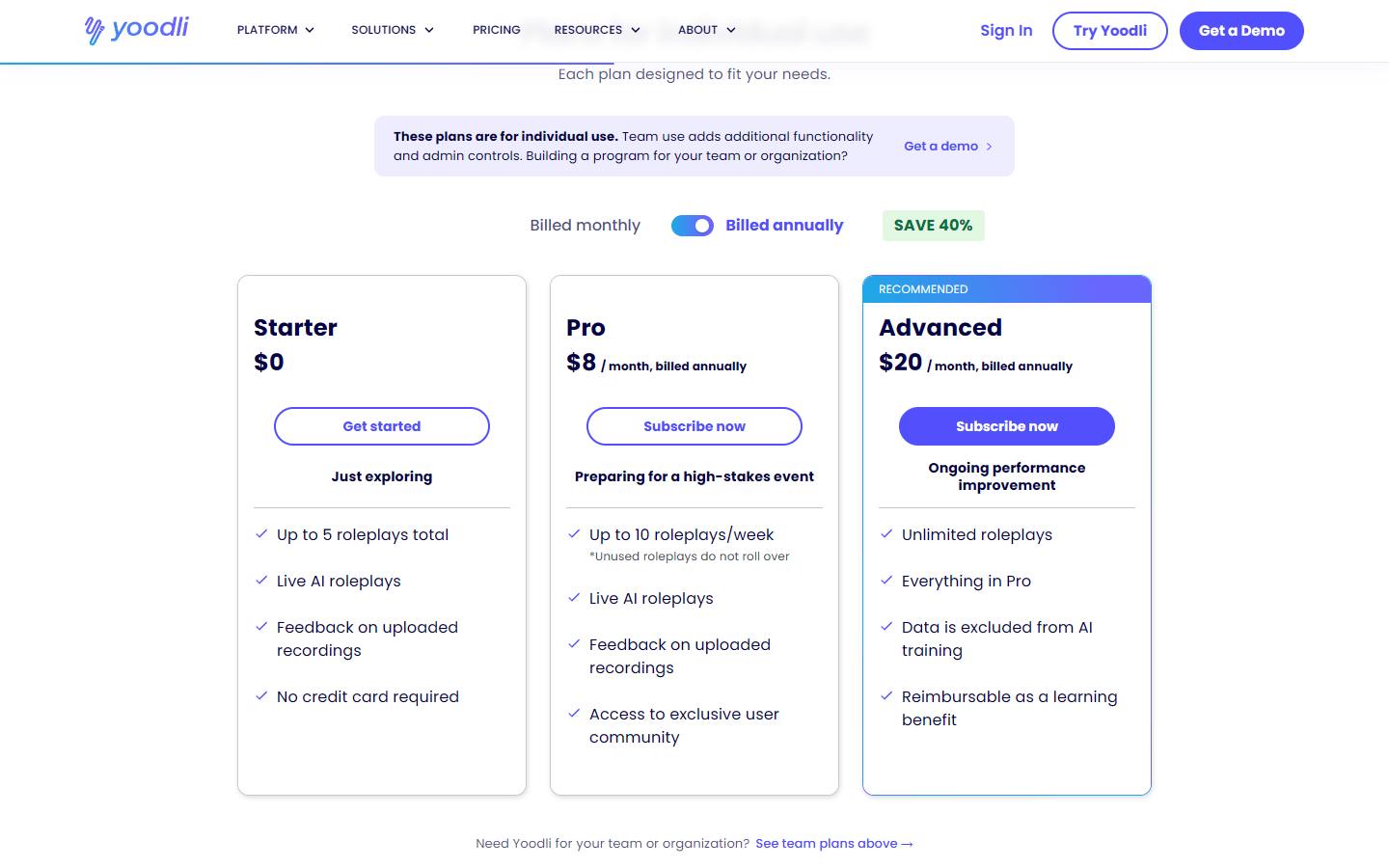 Yoodli's individual pricing plans, captured 16 October 2026, on annual billing, showing Starter at $0, Pro at $8 and Advanced at $20 a month billed annually.